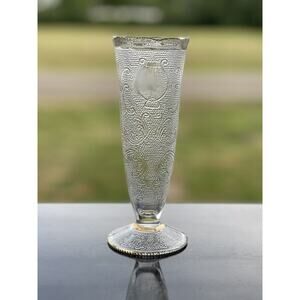 Vintage Depression Glass‎ Harp Bud Vase Jeannette Glass w\Gold Trim 7 1/2"